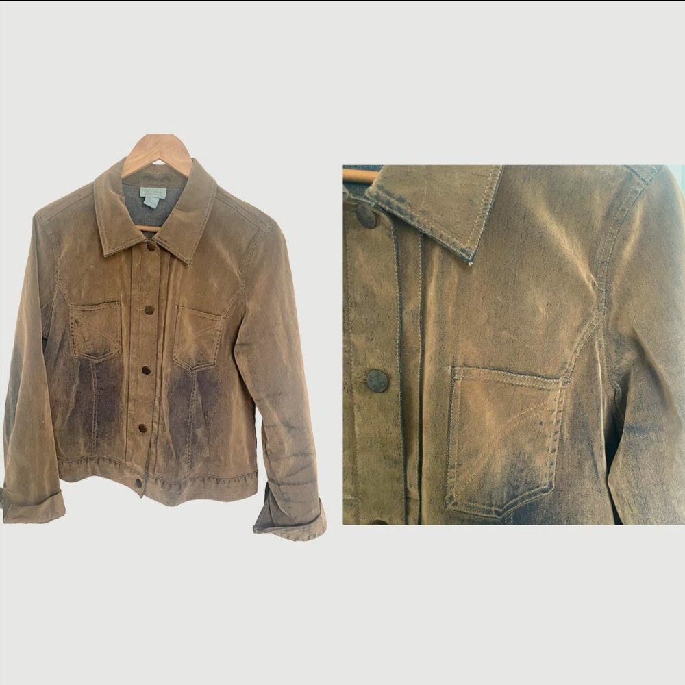 Sigrid Olsen SOblue Womens L Vintage Jacket Distressed Cropped Flocked Tan Denim